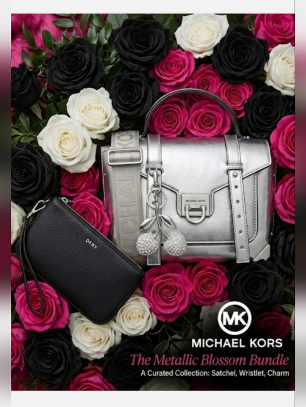 3pc Bundle Michael Kors Metallic Silver Top-Handle Satchel, Wristlet &  Charm